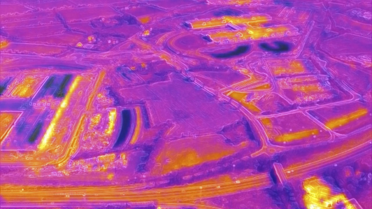 Drone thermographic image of agricultural land in Ireland, highlighting the heat generated from data infrastructure. © ANNEX