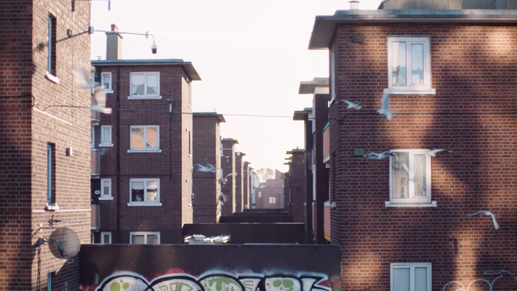 A still from Dolphin House, one of the Site Specific short films, which focuses on the refurbishment of a social housing complex in Dublin. The image focuses on the dark brown brick flats.