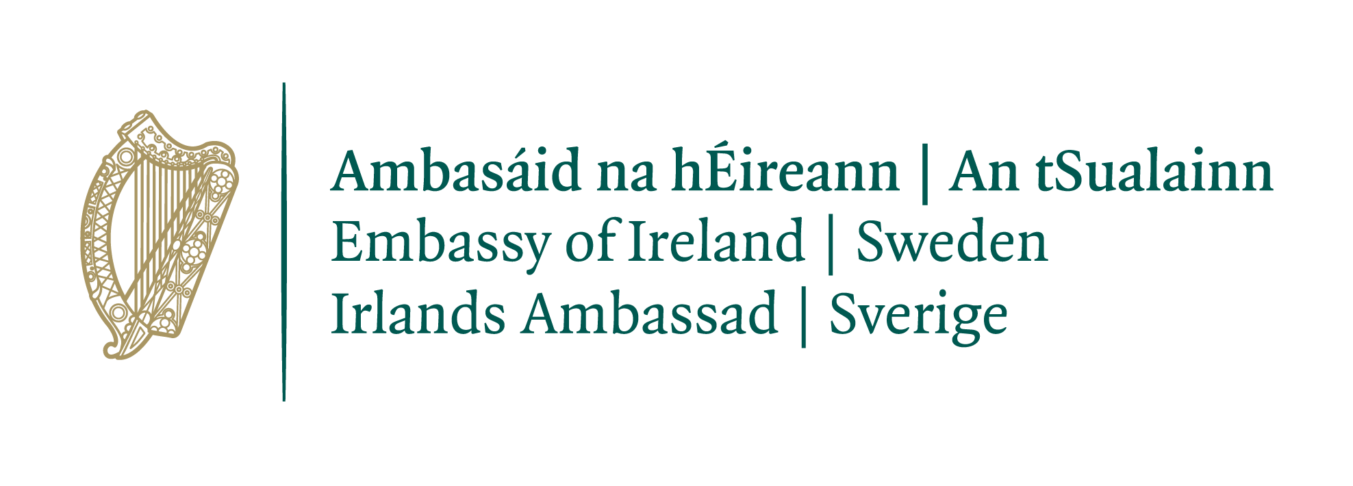 Logo: Golden Irish harp (left) with text in dar green (right): Ambasáid na hÉireann | An tSualainn / Embassy of Ireland | Sweden / Irlands Ambassad | Sverige