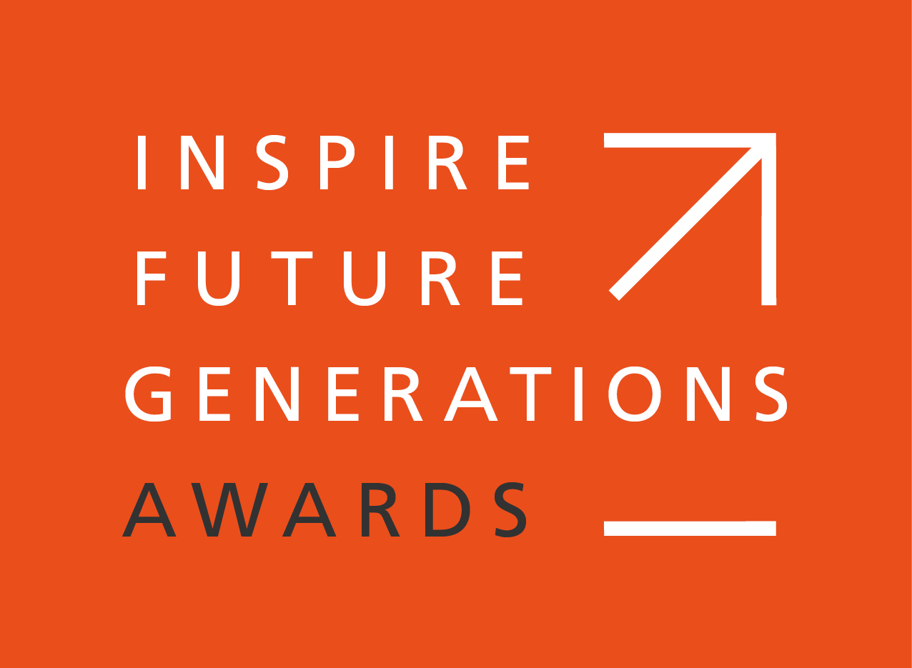 White and black on deep bright orange: "Inspire Future Generations Awards" with an arrow pointing into the top right corner and a horizontal line filling space in the bottom right